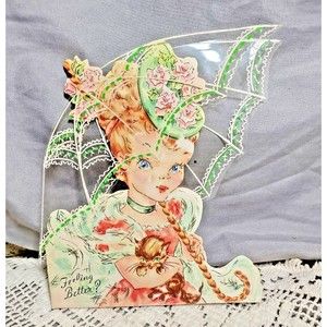 VINTAGE Get Well Card  Lady Umbrella Kitten Regal Greeting Card USED Scrapbookin
